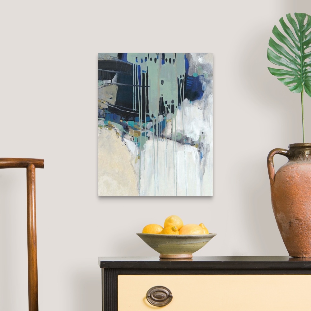 A traditional room featuring Contemporary abstract painting in teal, navy, and neutral hues.