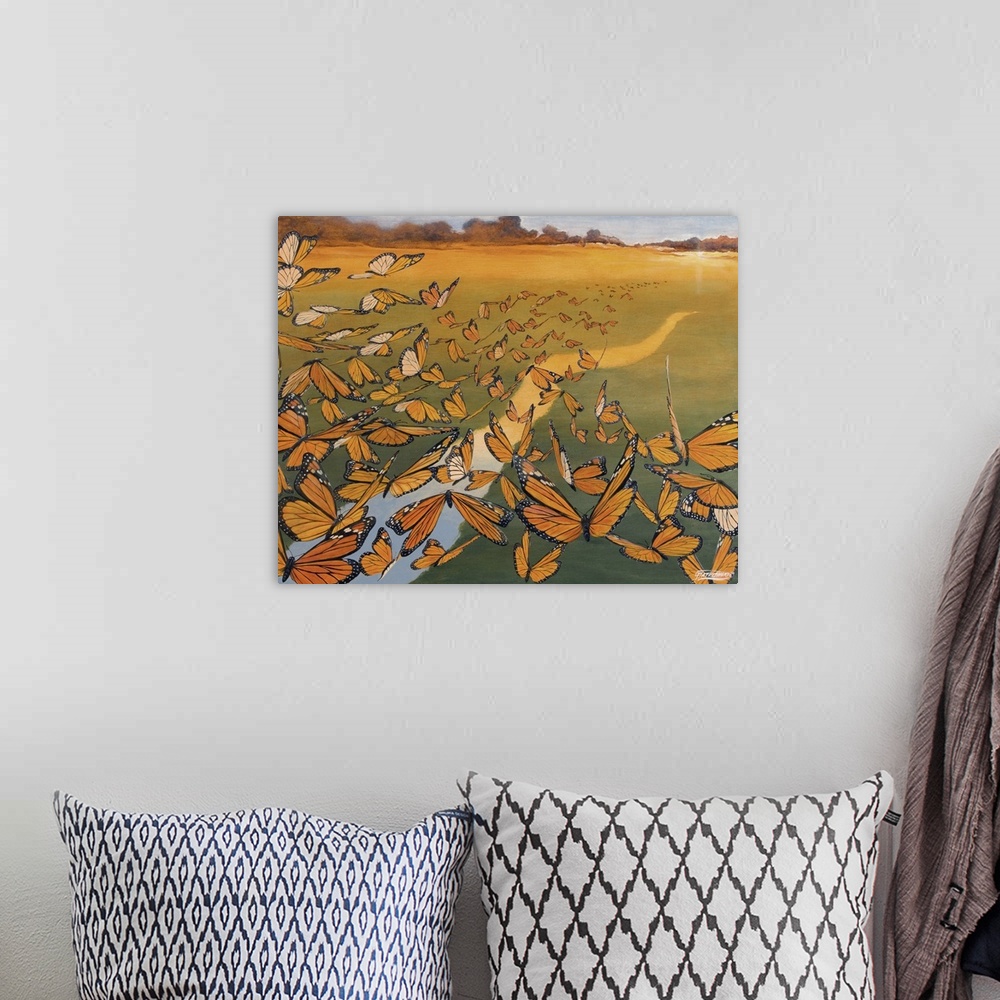 A bohemian room featuring Contemporary painting of a flock of migrating monarch butterflies flying over a river at sunset.