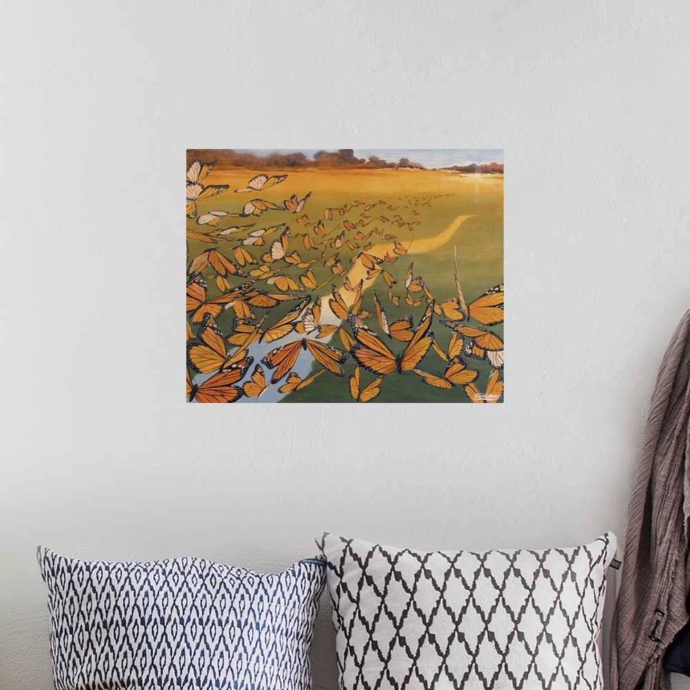 A bohemian room featuring Contemporary painting of a flock of migrating monarch butterflies flying over a river at sunset.