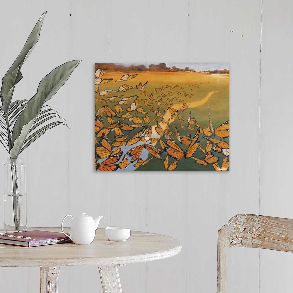 A farmhouse room featuring Contemporary painting of a flock of migrating monarch butterflies flying over a river at sunset.