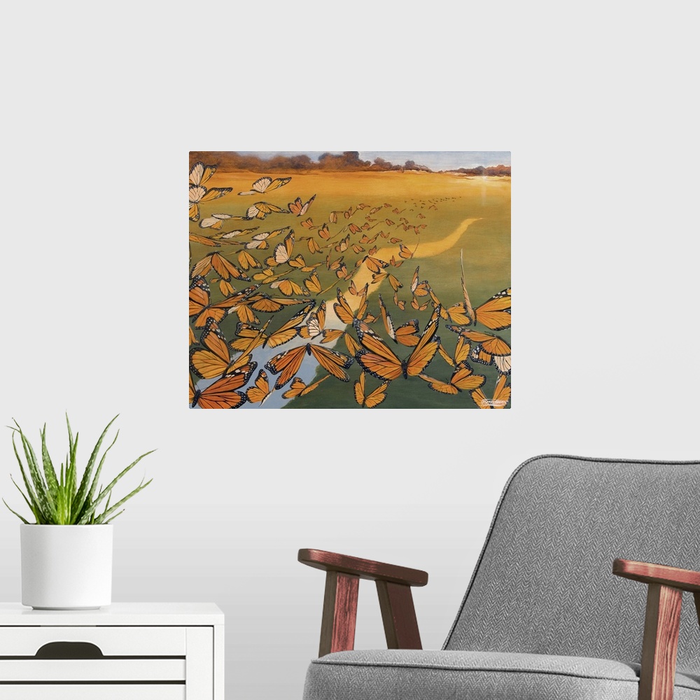 A modern room featuring Contemporary painting of a flock of migrating monarch butterflies flying over a river at sunset.