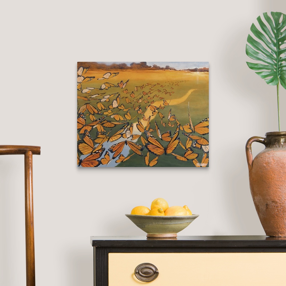 A traditional room featuring Contemporary painting of a flock of migrating monarch butterflies flying over a river at sunset.