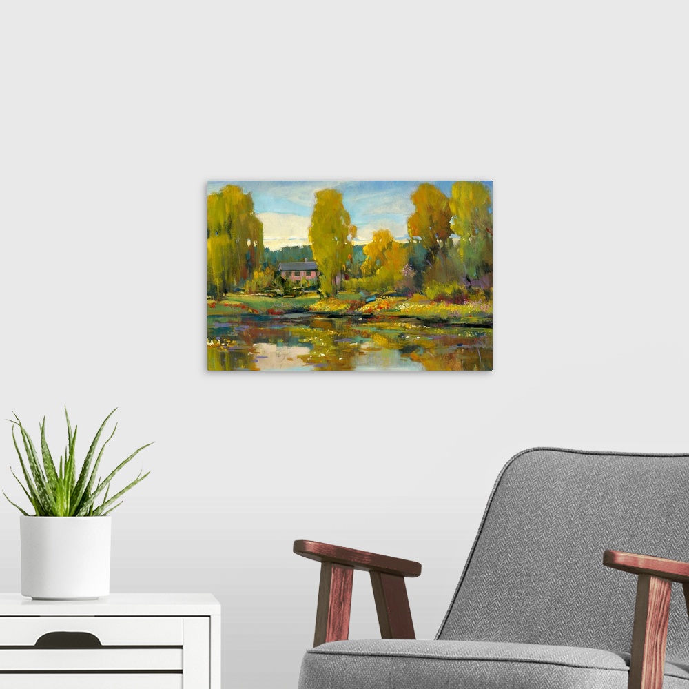 A modern room featuring Monet's Water Lily Pond II