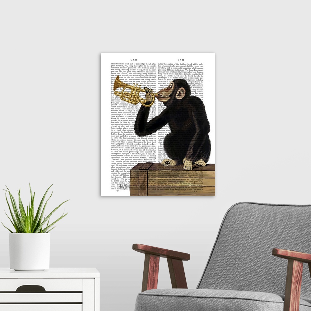 A modern room featuring Monkey Playing Trumpet