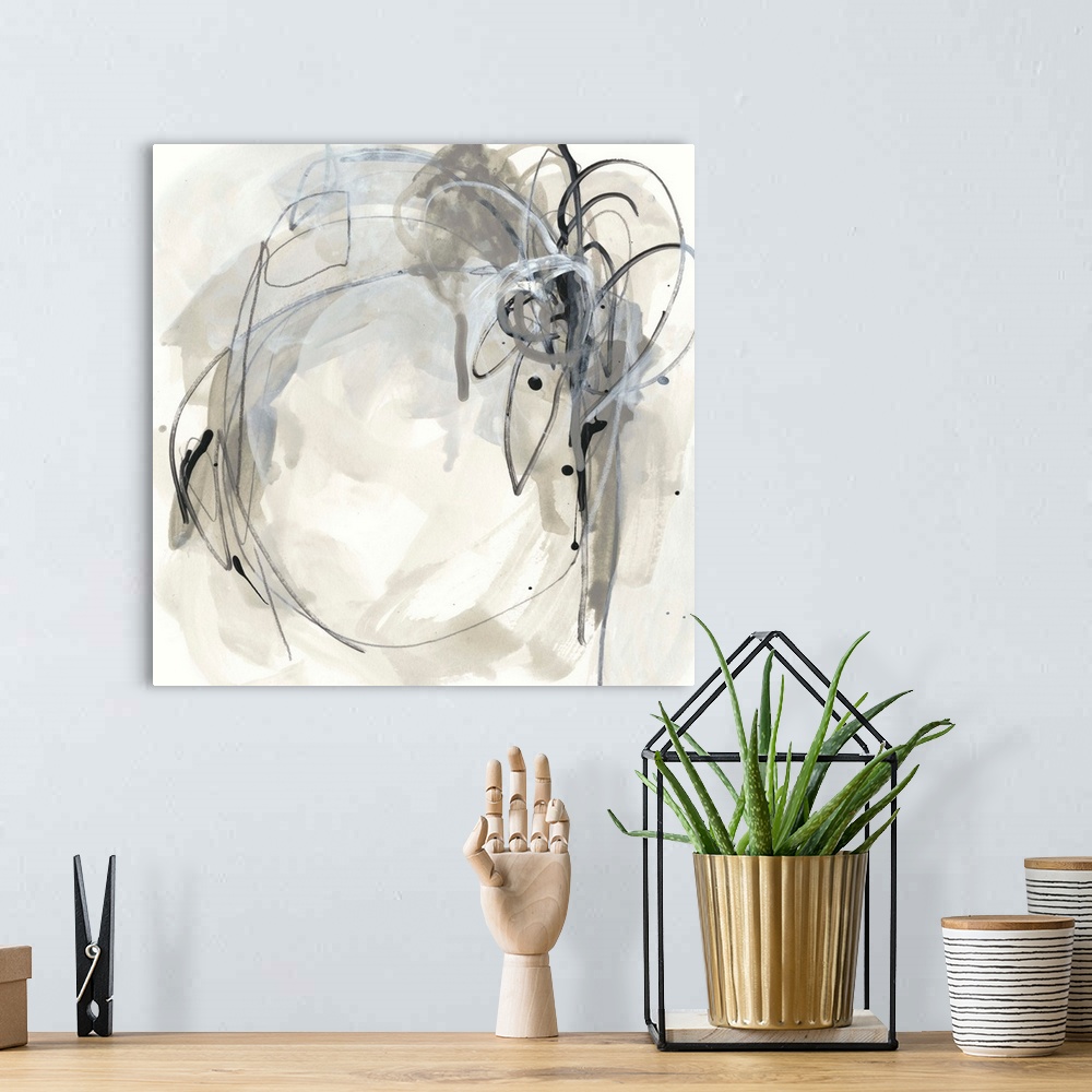 A bohemian room featuring Square abstract painting in black, gray and beige in circular shapes with drips of the overlappin...