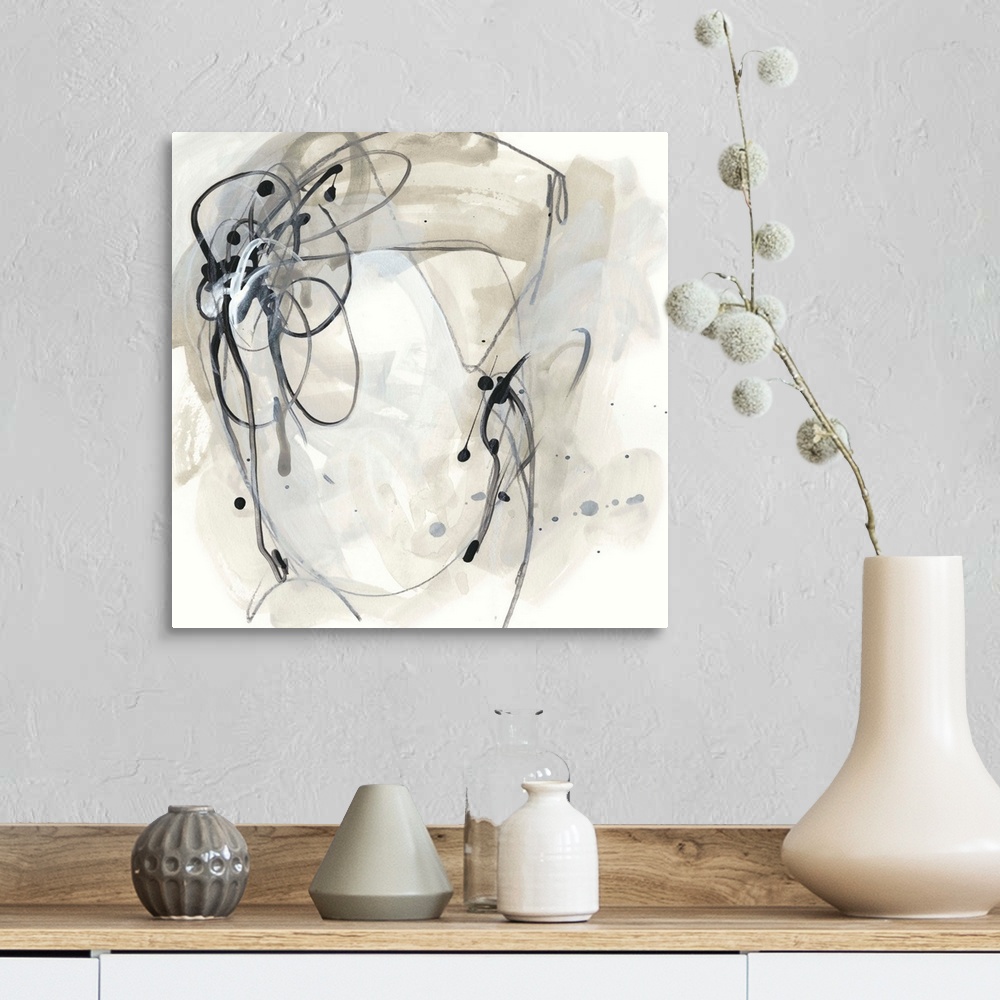 A farmhouse room featuring Square abstract painting in black, gray and beige in circular shapes with drips of the overlappin...