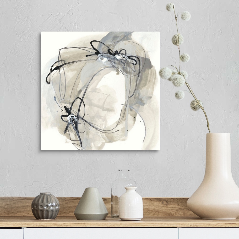 A farmhouse room featuring Square abstract painting in black, gray and beige in circular shapes with drips of the overlappin...