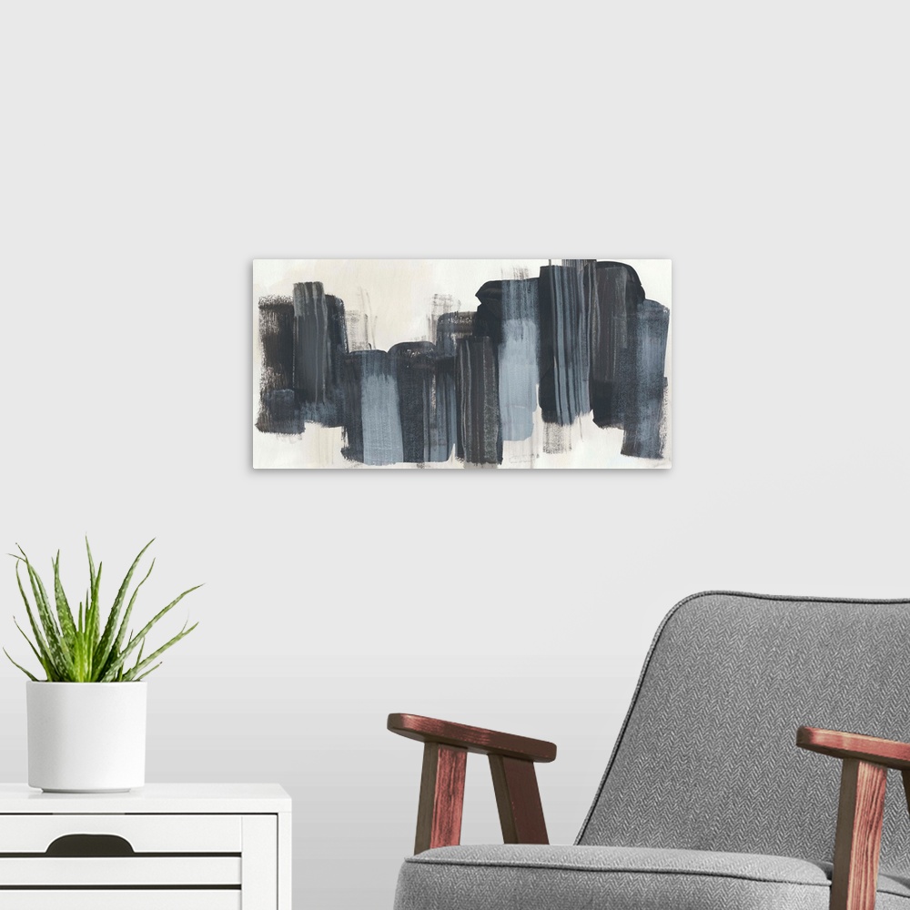 A modern room featuring Horizontal abstract artwork in dark grey blocks on beige.