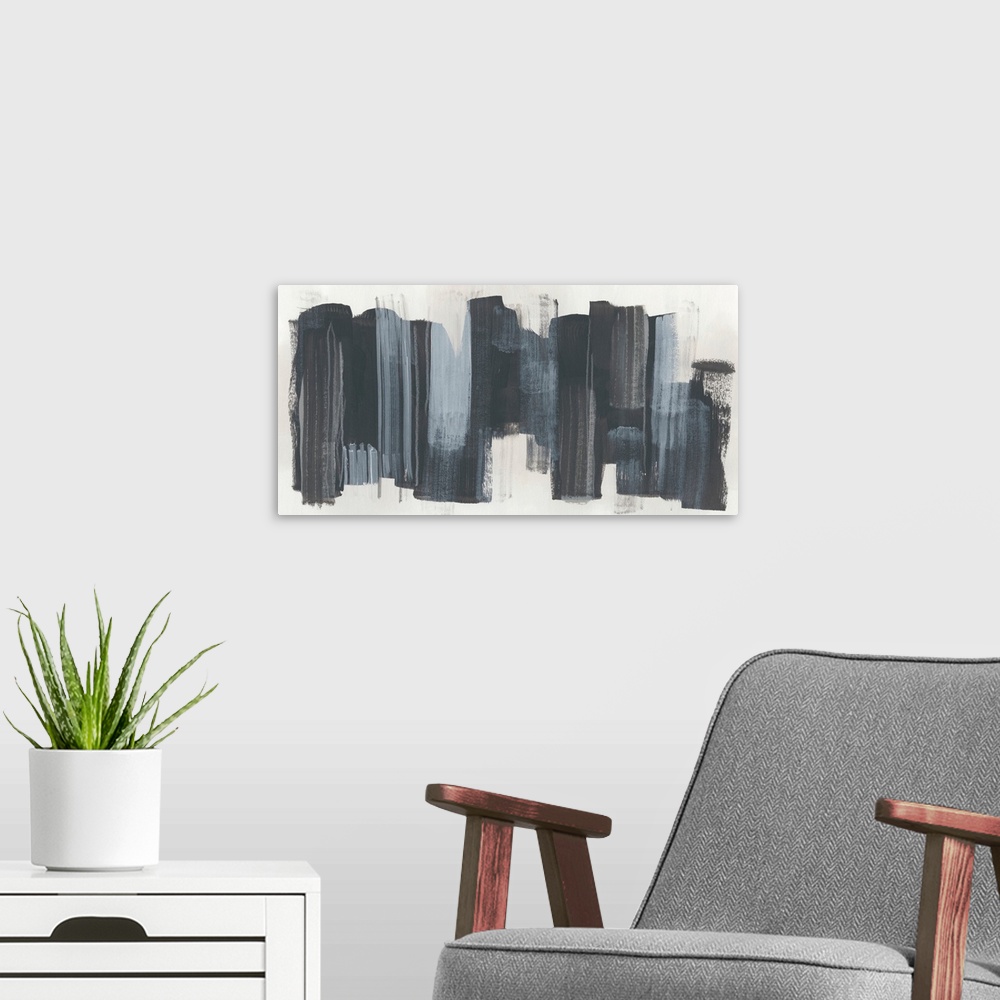 A modern room featuring Horizontal abstract artwork in dark grey blocks on beige.