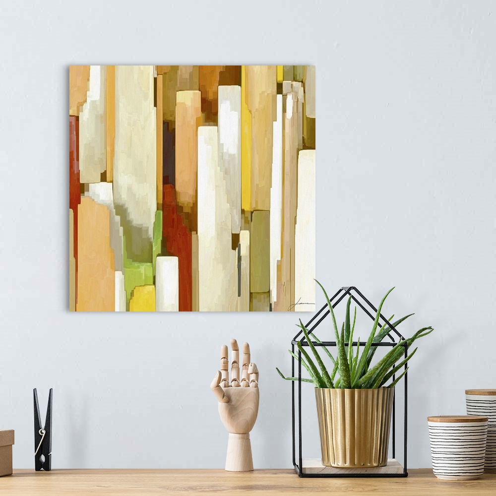 A bohemian room featuring Contemporary painting of muted layers of geometric shapes.