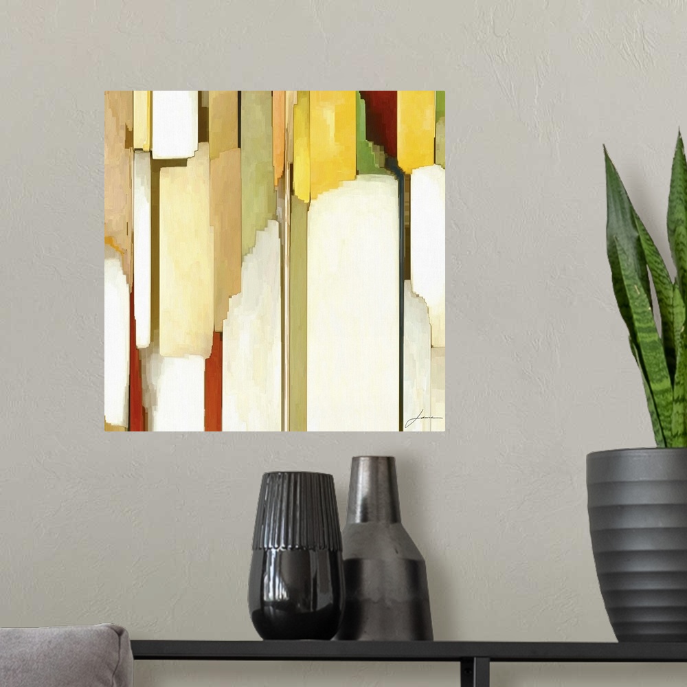 A modern room featuring Contemporary painting of muted layers of geometric shapes.