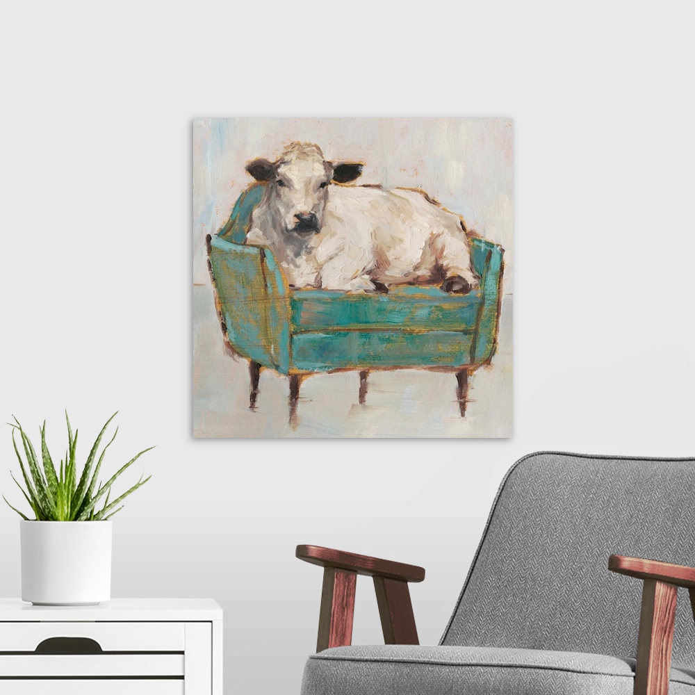 A modern room featuring A whimsical composition of a large white cow lying comfortably on a luxe teal sofa. With it's gol...