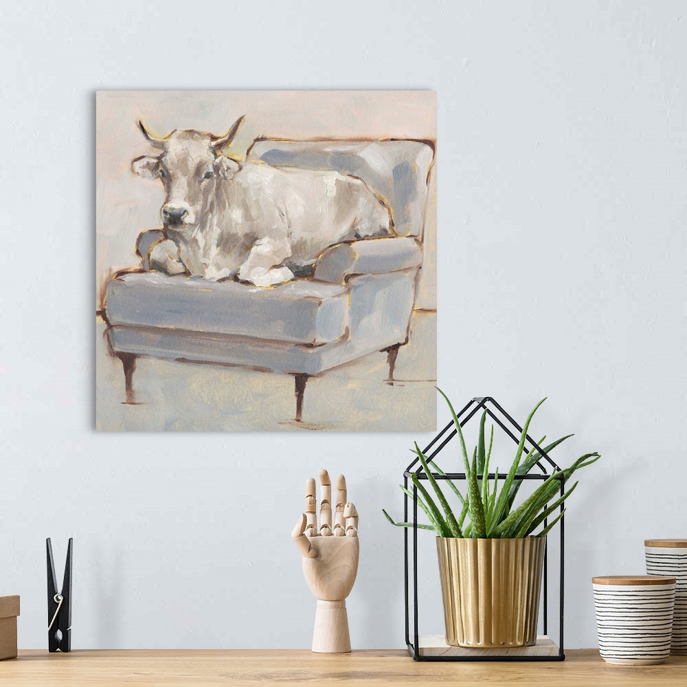 A bohemian room featuring A whimsical composition of a large white cow lying comfortably on a luxe light blue chair. With i...