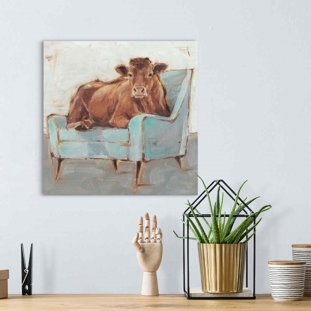 A bohemian room featuring A whimsical composition of a large brown cow lying comfortably on a pale blue armchair. With it's...