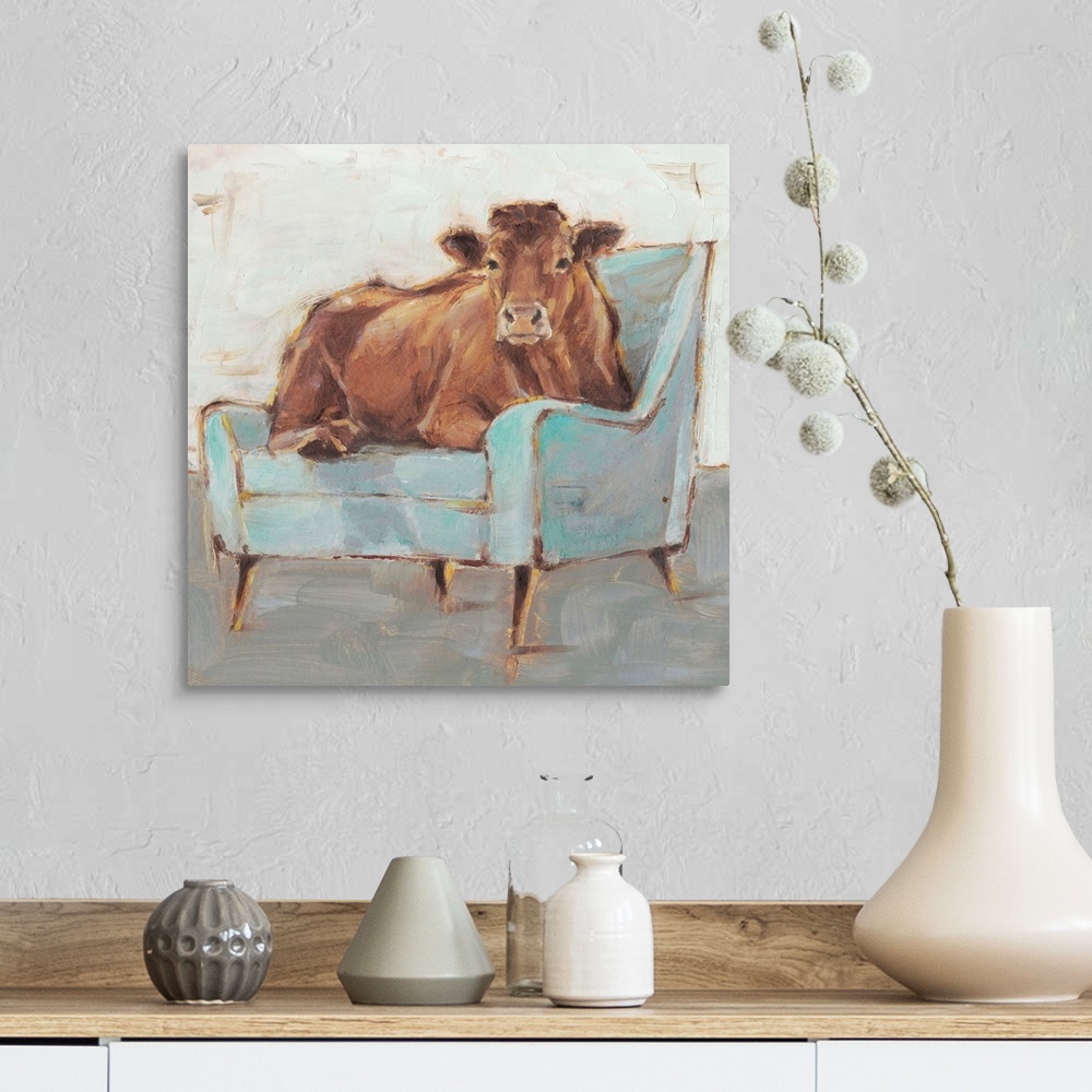 A farmhouse room featuring A whimsical composition of a large brown cow lying comfortably on a pale blue armchair. With it's...