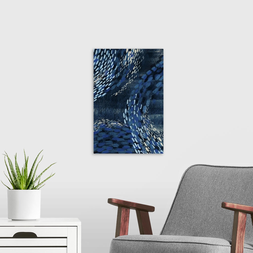 A modern room featuring Contemporary abstract painting in shades of deep blue with curving patterns.