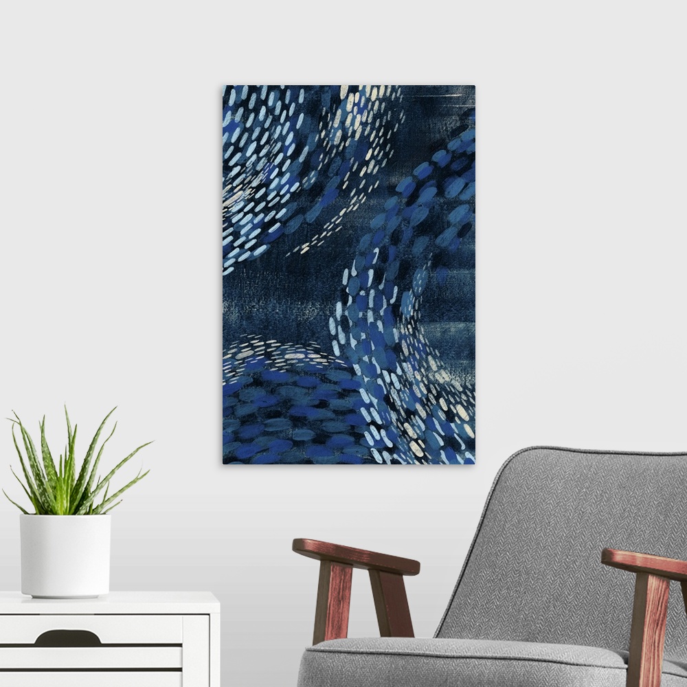 A modern room featuring Contemporary abstract painting in shades of deep blue with curving patterns.