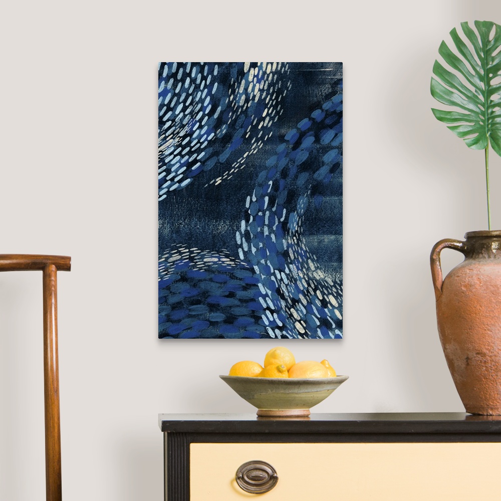 A traditional room featuring Contemporary abstract painting in shades of deep blue with curving patterns.