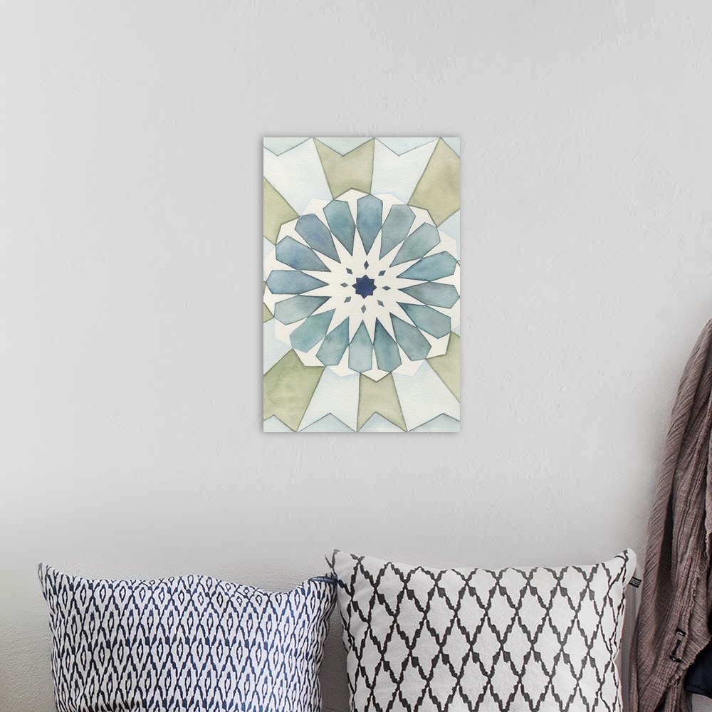 A bohemian room featuring Inspired by Moorish design, this decorative artwork feature geometric shapes arranged in a circul...