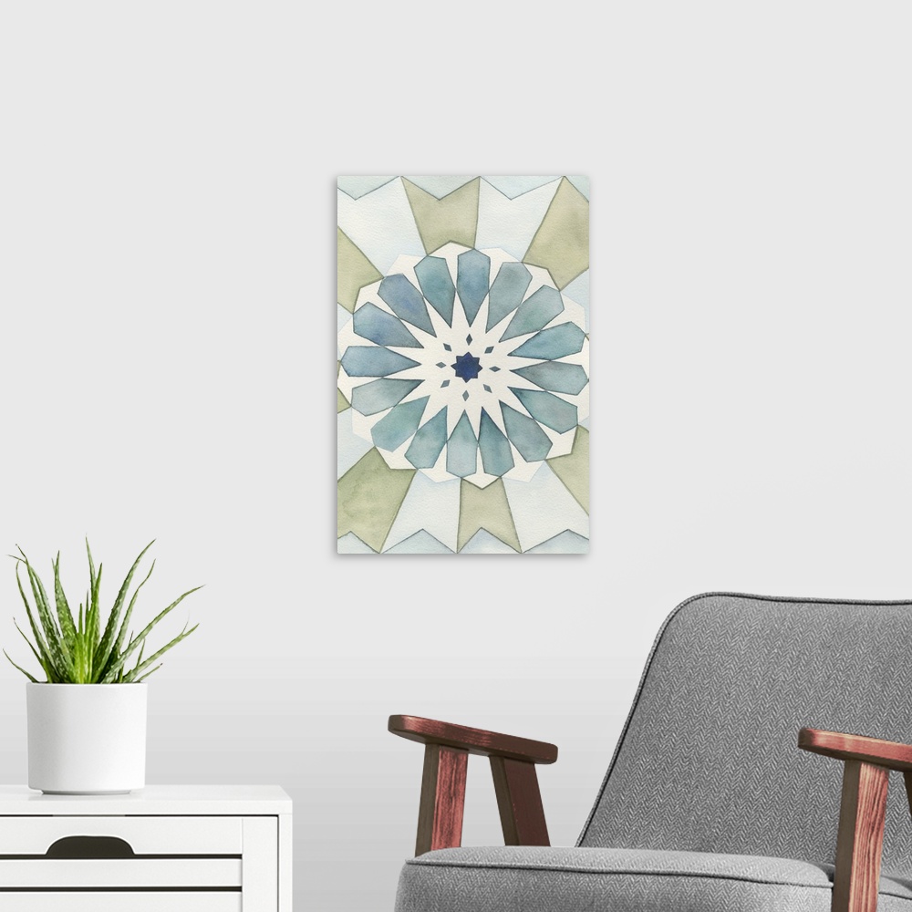 A modern room featuring Inspired by Moorish design, this decorative artwork feature geometric shapes arranged in a circul...