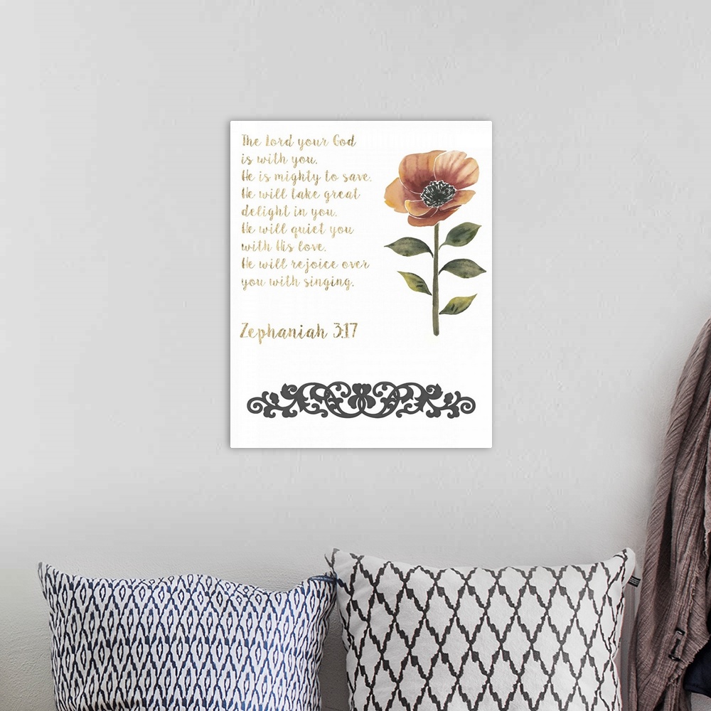 A bohemian room featuring A handwritten Bible verse with a red poppy and a vintage flourish.