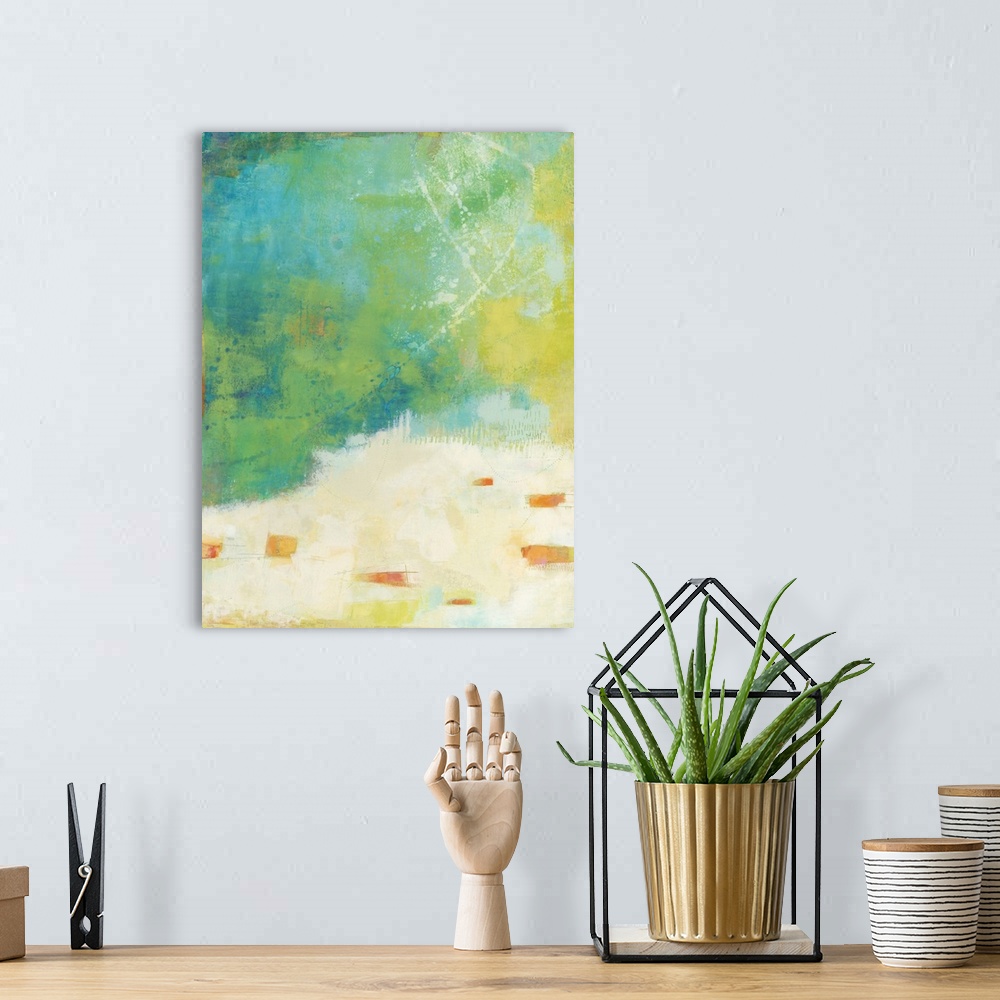 A bohemian room featuring This abstract artwork is filled with bright colors in various textures and patterns that exemplif...