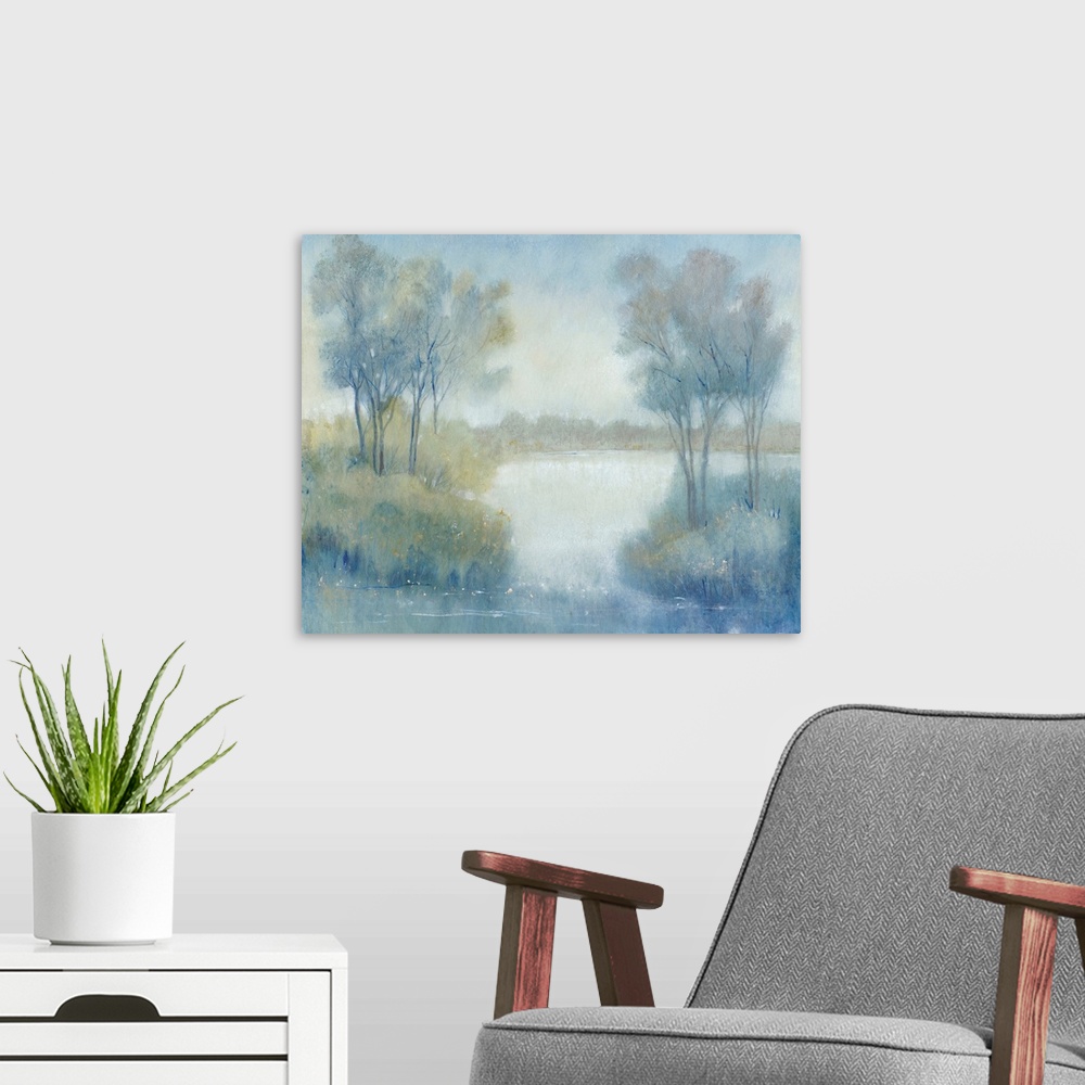 A modern room featuring Morning at the Pond I