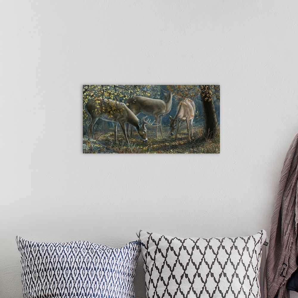 A bohemian room featuring Contemporary painting of deer grazing in a forest.