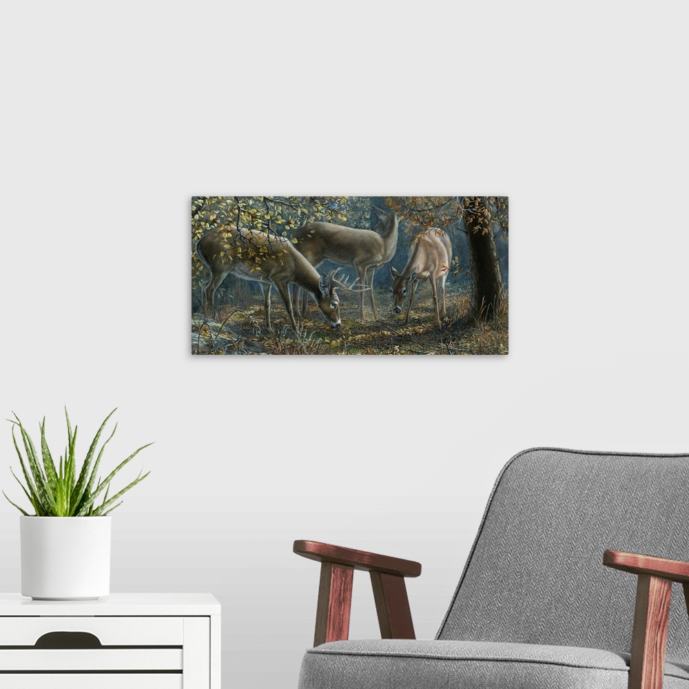 A modern room featuring Contemporary painting of deer grazing in a forest.