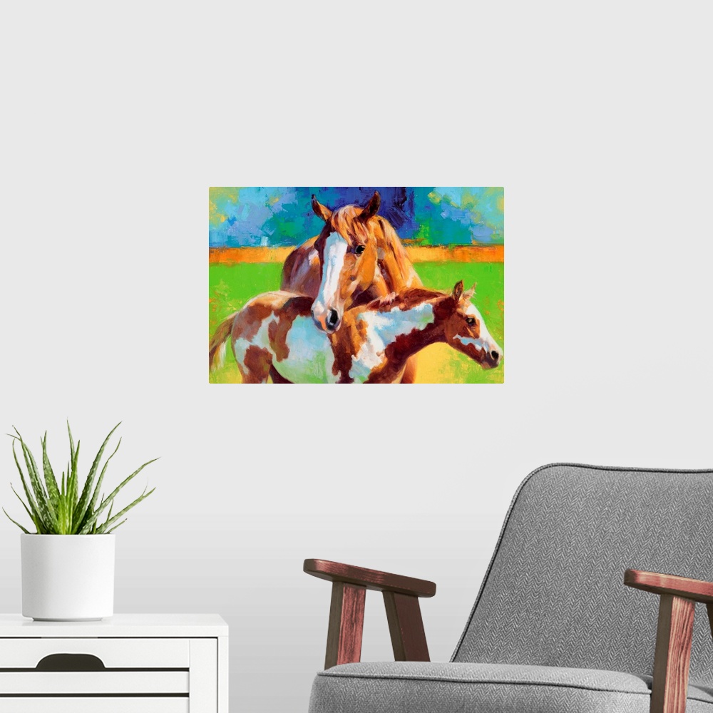 A modern room featuring Big, horizontal painting of two horse standing in the sunlight, a mother horse leans her head ove...