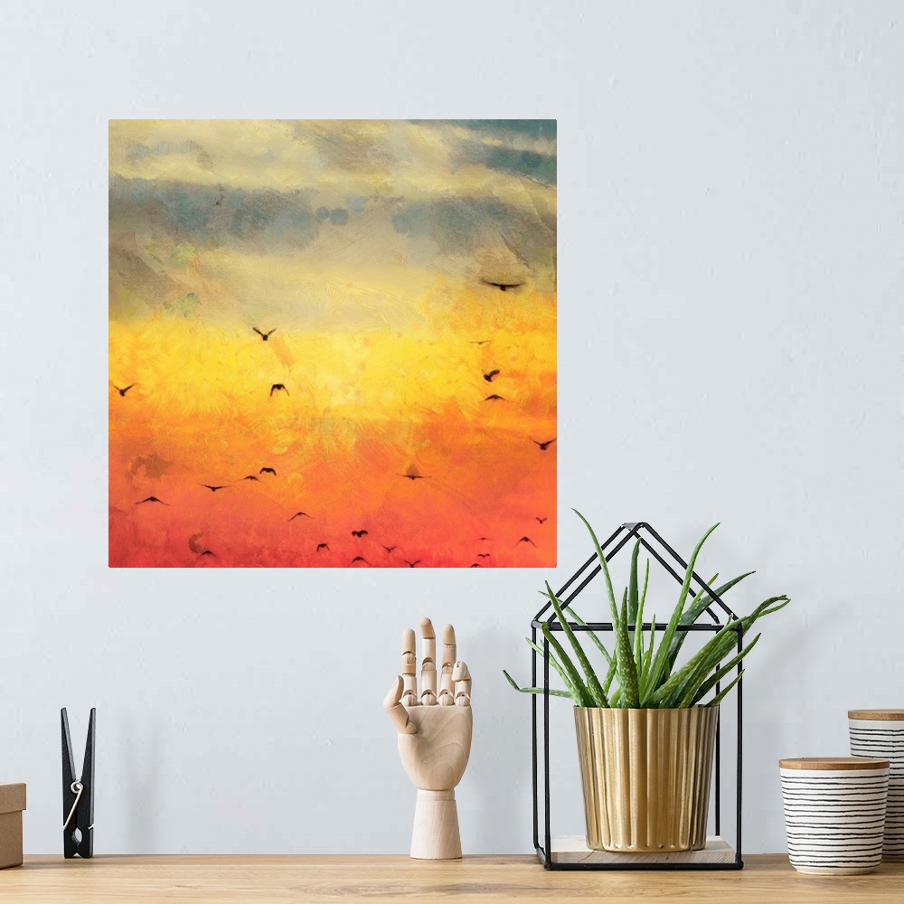 A bohemian room featuring A contemporary sunset painting with a flock of birds flying in the distance