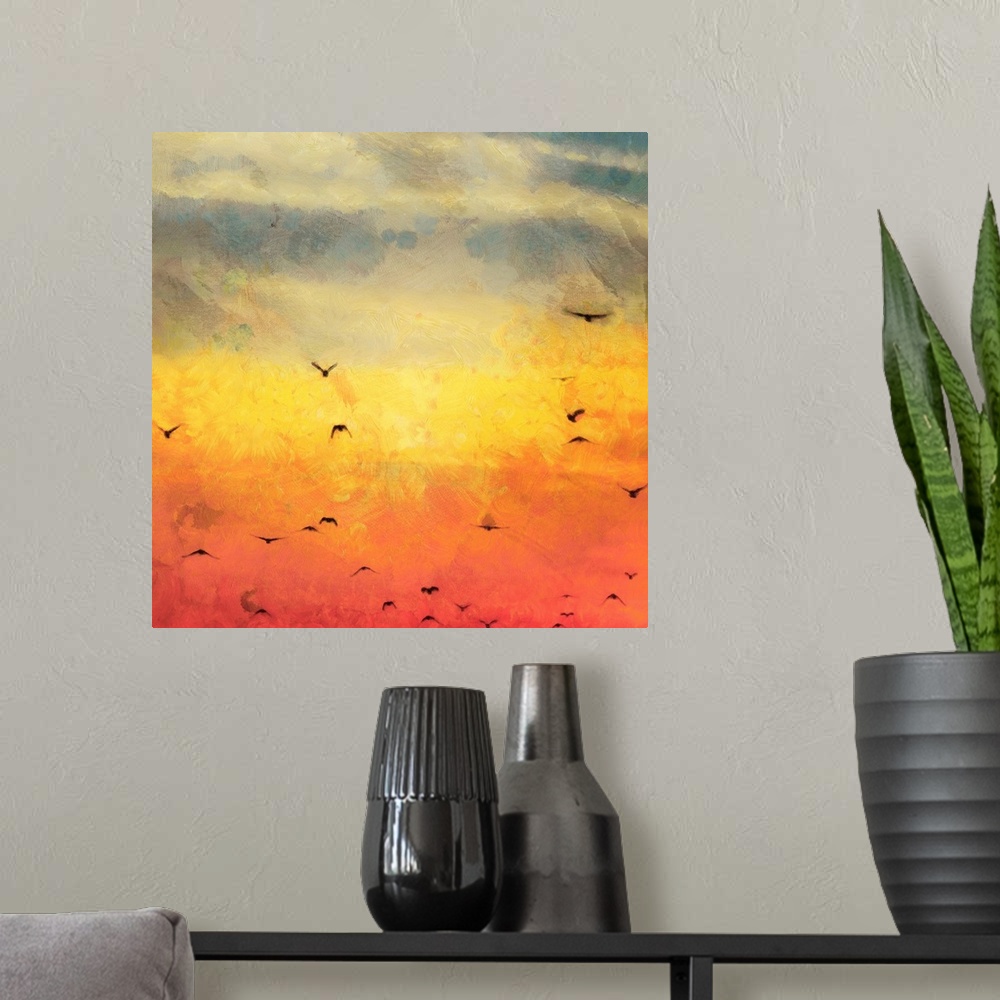 A modern room featuring A contemporary sunset painting with a flock of birds flying in the distance
