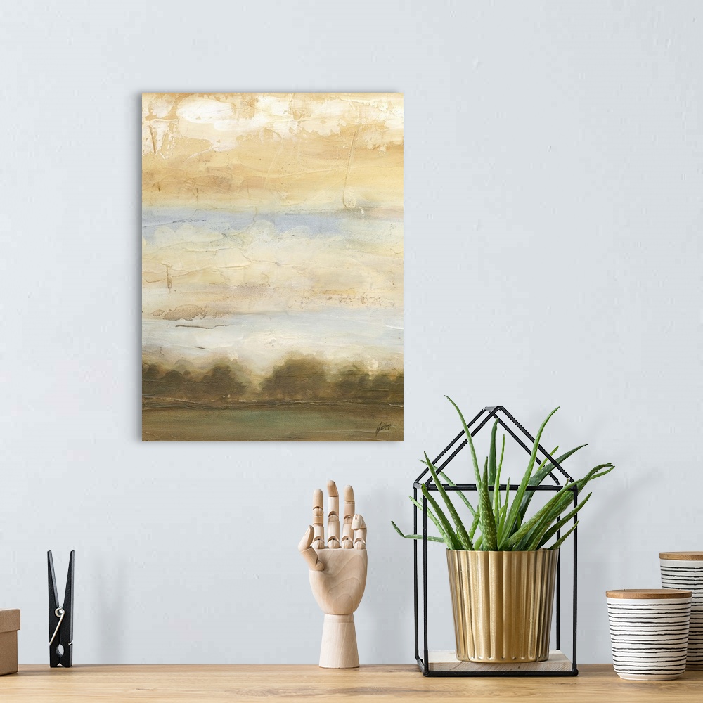 A bohemian room featuring Contemporary abstract painting using warm earthy tones.