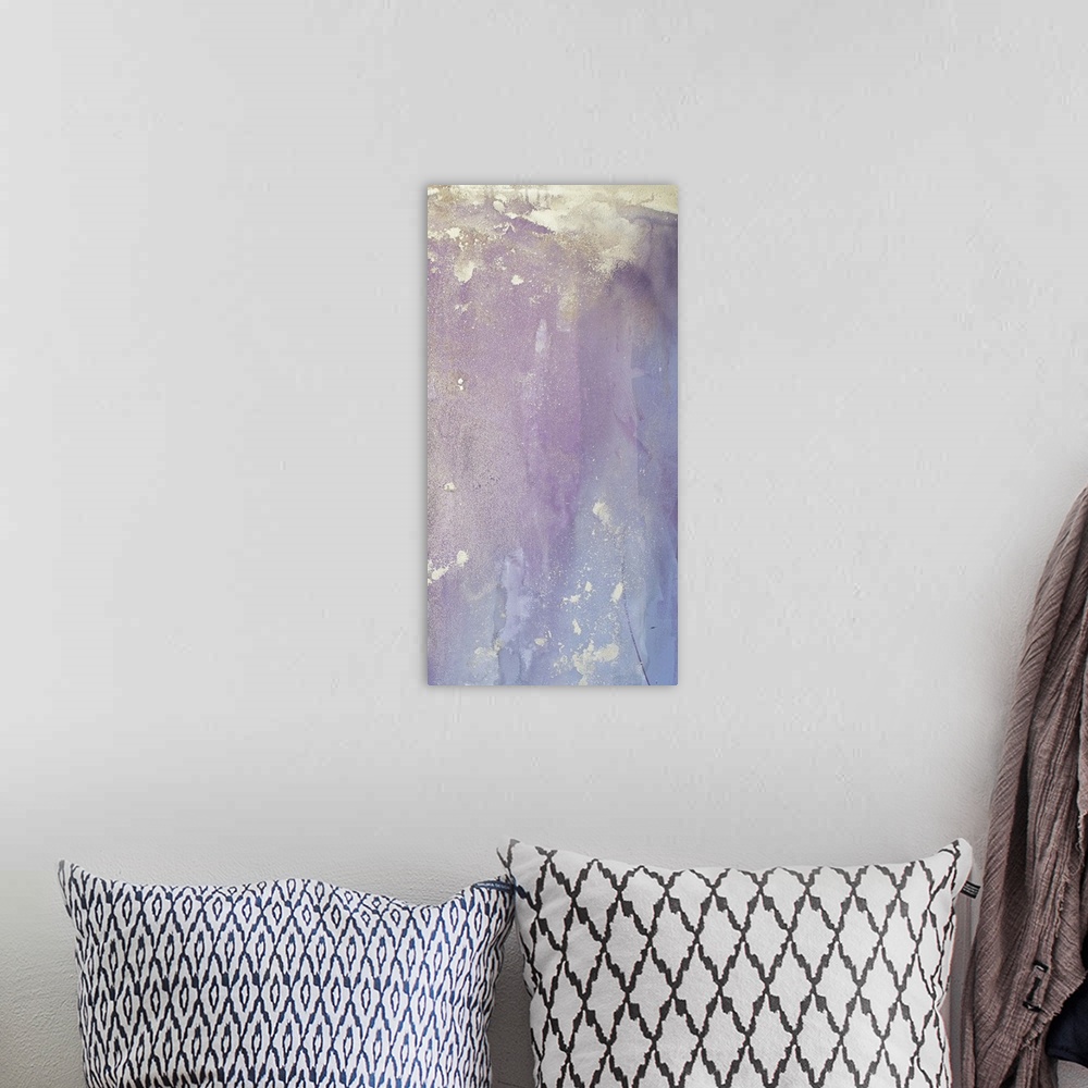 A bohemian room featuring Contemporary abstract artwork in purple and blue shades.