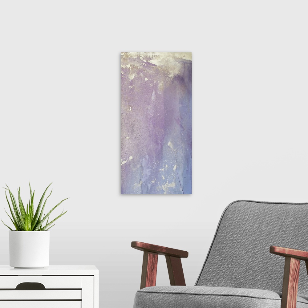 A modern room featuring Contemporary abstract artwork in purple and blue shades.