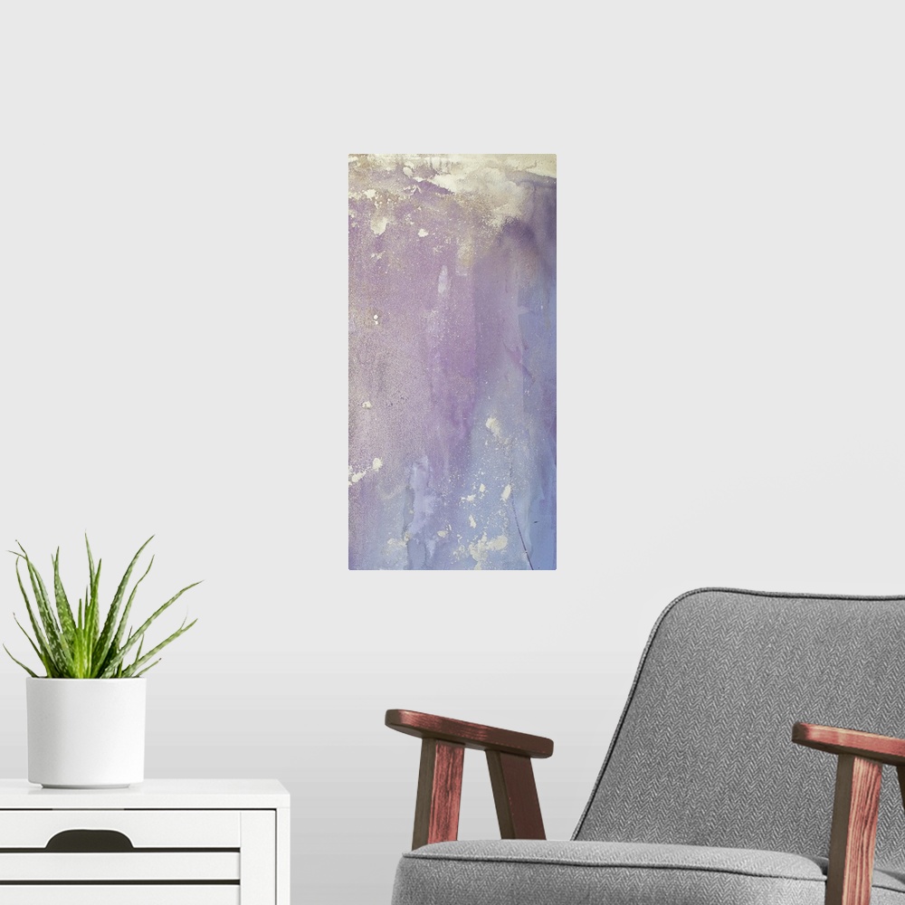 A modern room featuring Contemporary abstract artwork in purple and blue shades.