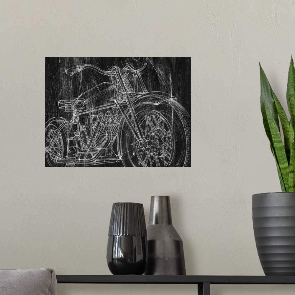 A modern room featuring Motorcycle Mechanical Sketch I