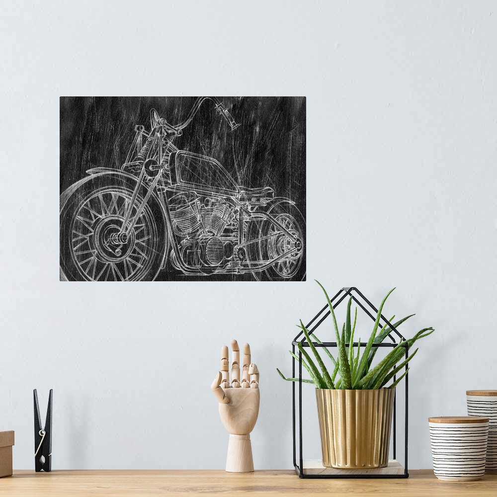 A bohemian room featuring Motorcycle Mechanical Sketch II