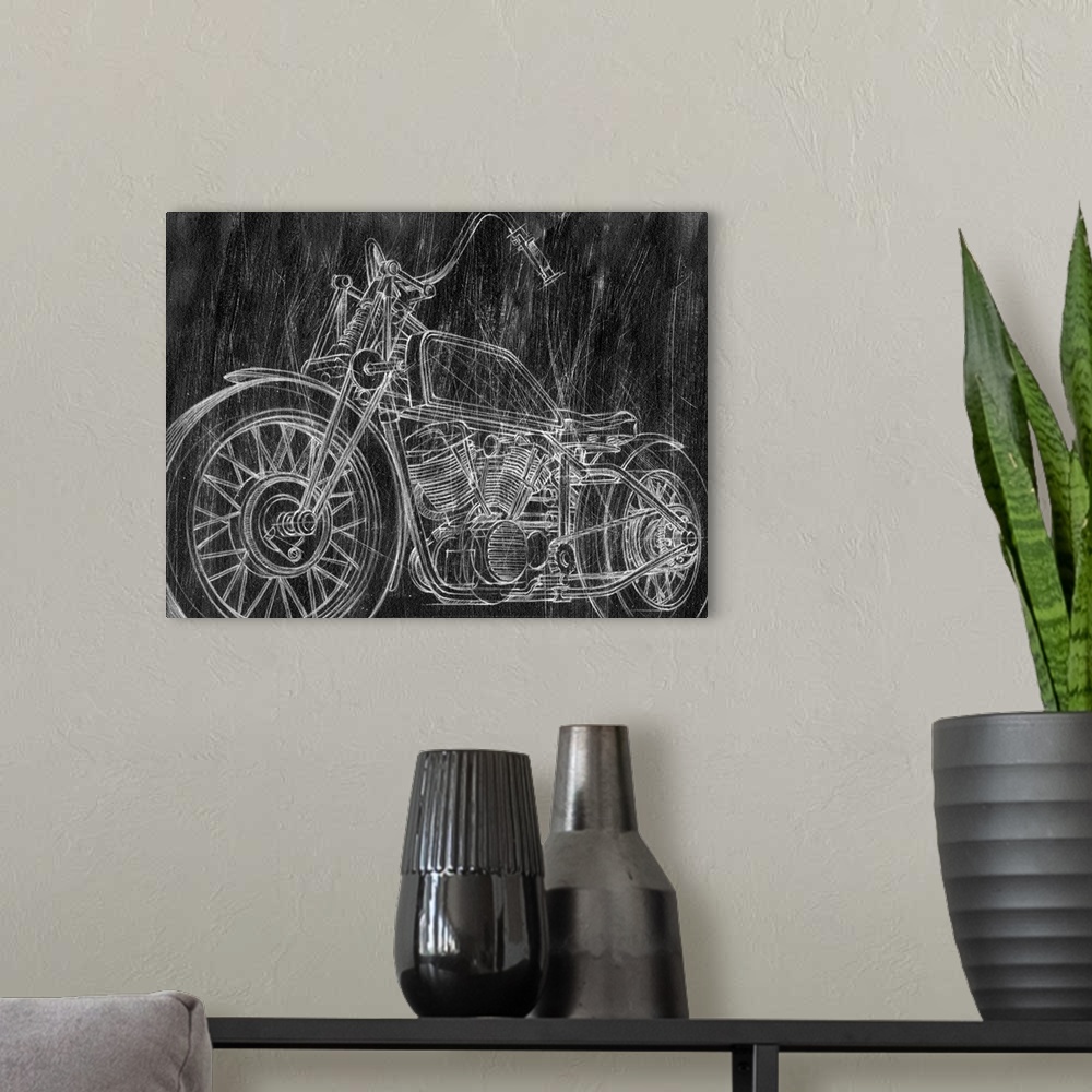A modern room featuring Motorcycle Mechanical Sketch II