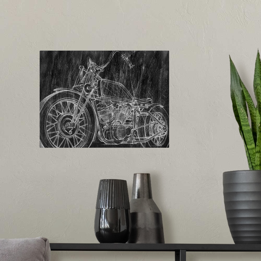 A modern room featuring Motorcycle Mechanical Sketch II
