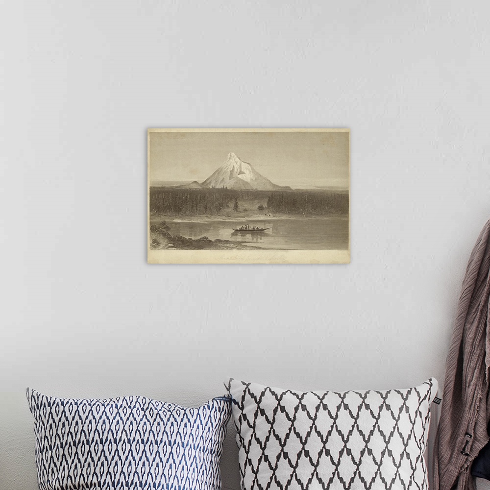 A bohemian room featuring Vintage artwork of a boat on the river by a mountain in sepia.