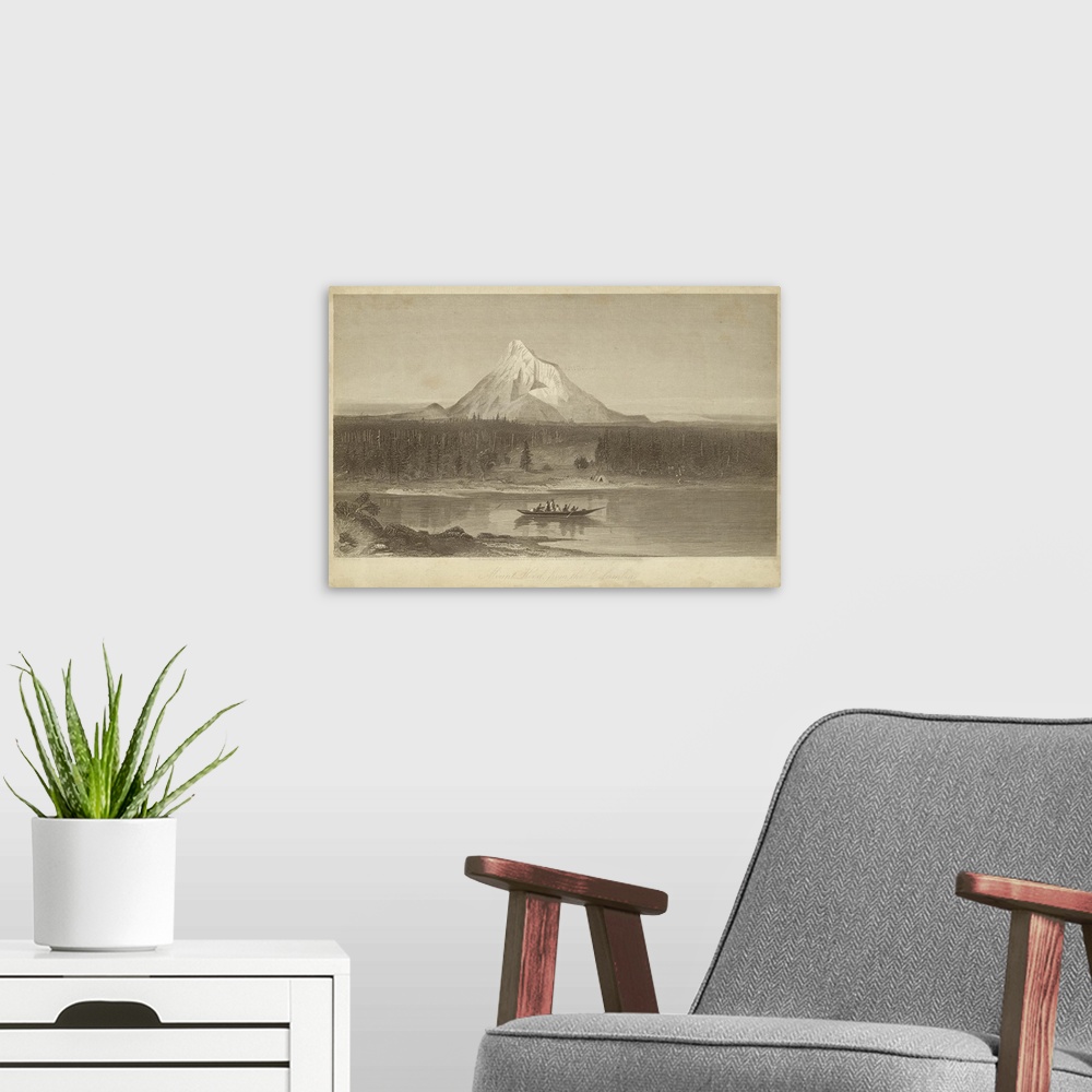 A modern room featuring Vintage artwork of a boat on the river by a mountain in sepia.