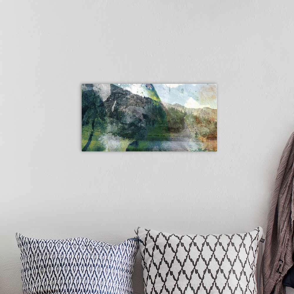 A bohemian room featuring A contemporary collage style artwork of sights of mountains mixed with splashes of paint and dist...