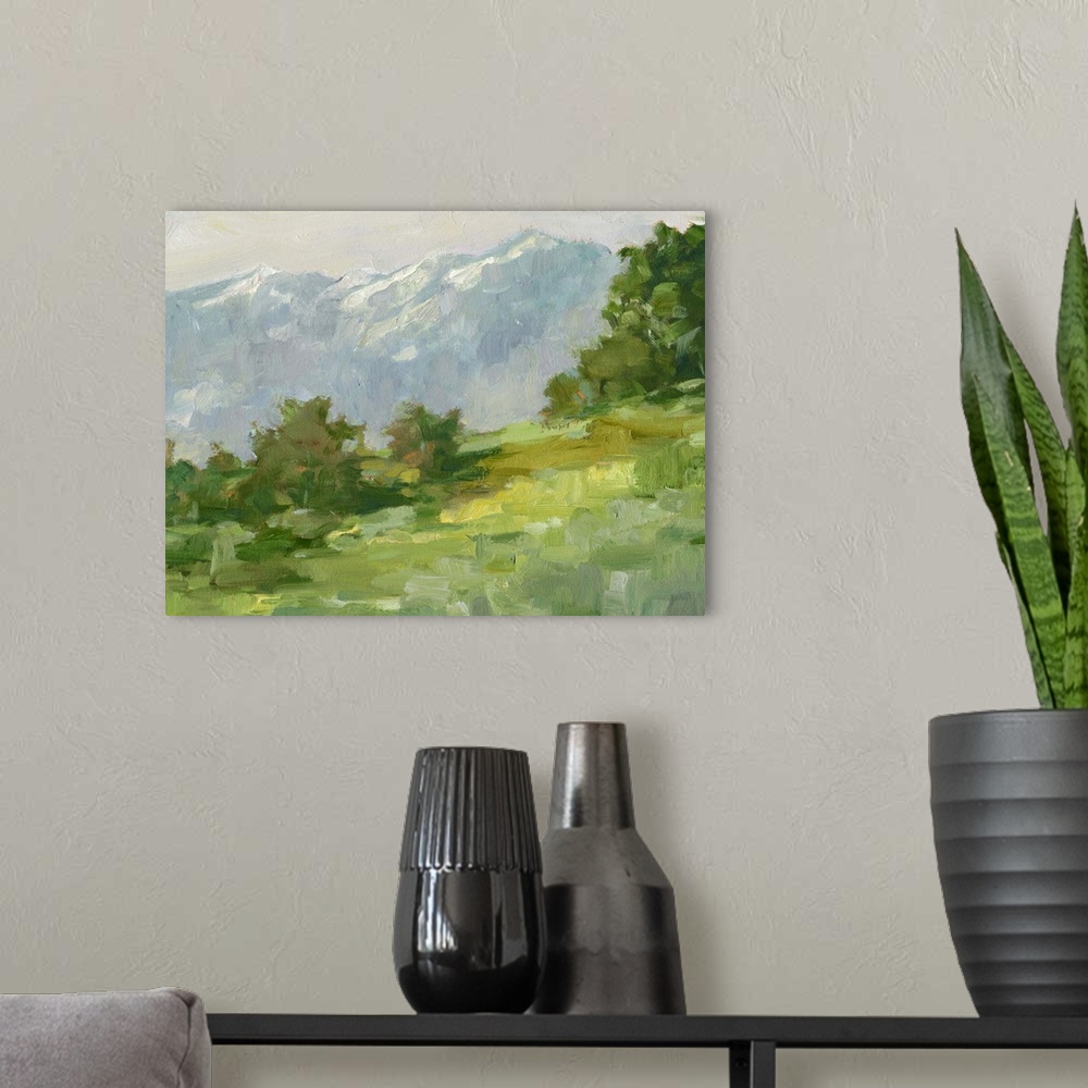 A modern room featuring Contemporary landscape painting of a rural mountain meadow.
