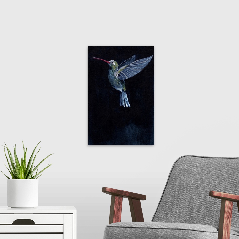 A modern room featuring Painting of a hummingbird in flight against a dark background.
