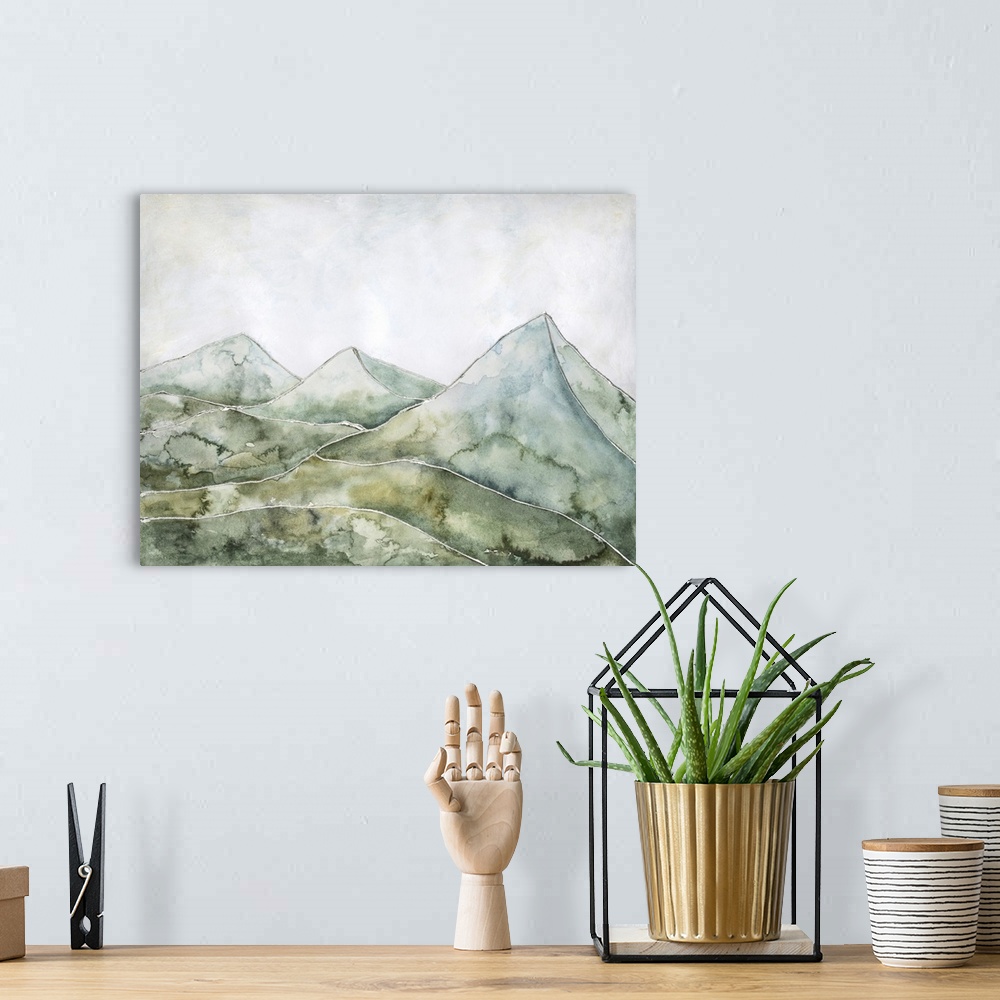 A bohemian room featuring A contemporary stylized watercolor landscape featuring rolling hills in front of tall mountains i...