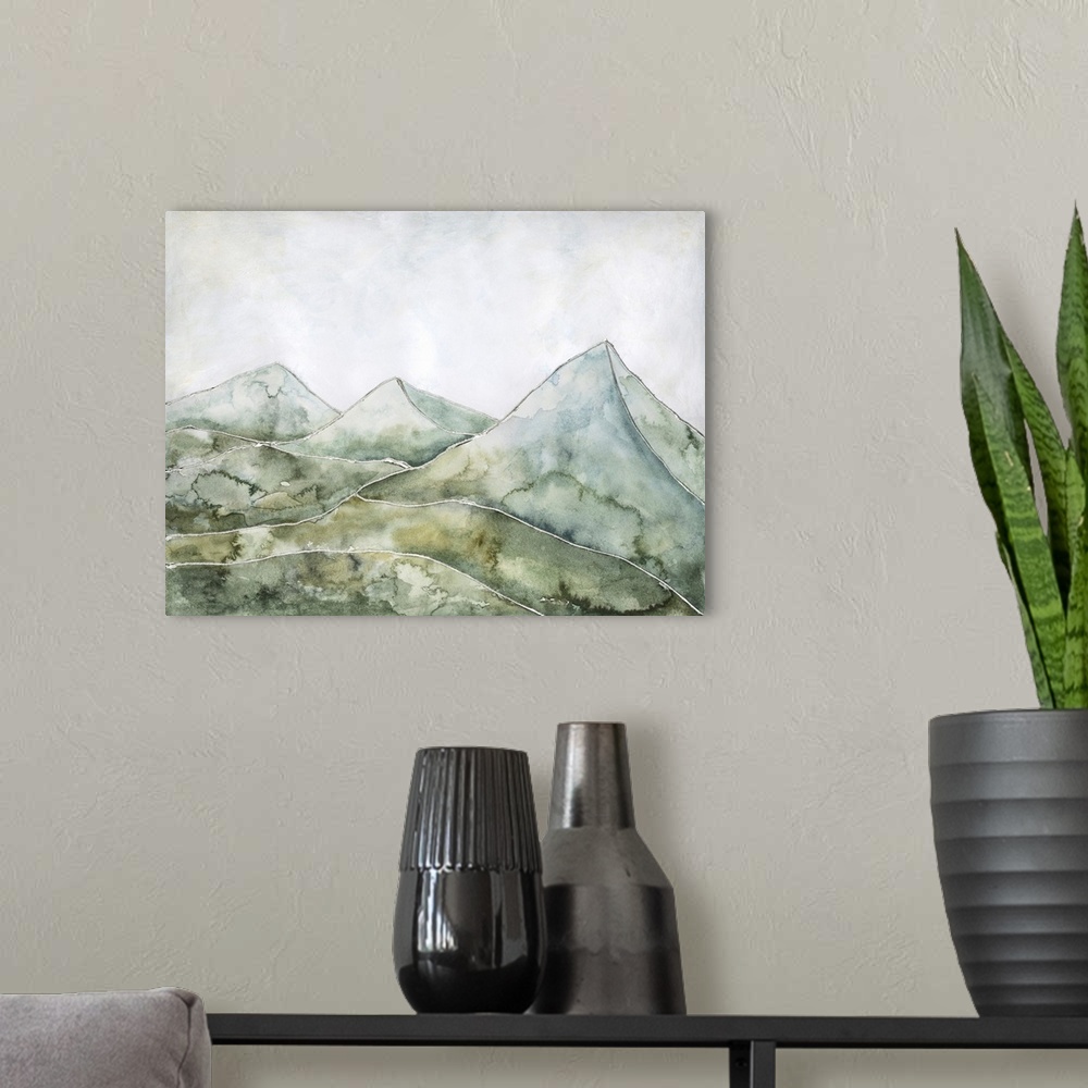 A modern room featuring A contemporary stylized watercolor landscape featuring rolling hills in front of tall mountains i...