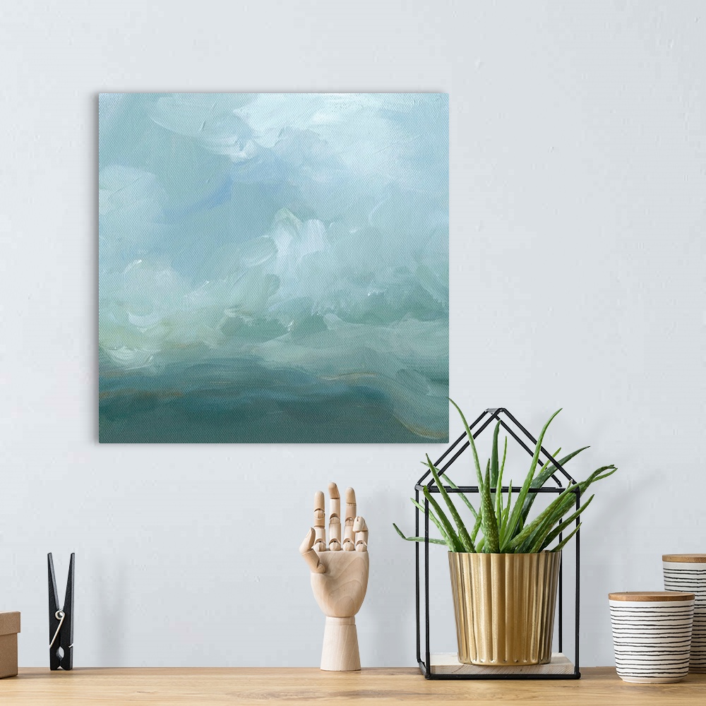 A bohemian room featuring Contemporary abstract painting using swirling gray and pale blue tones resembling clouds.