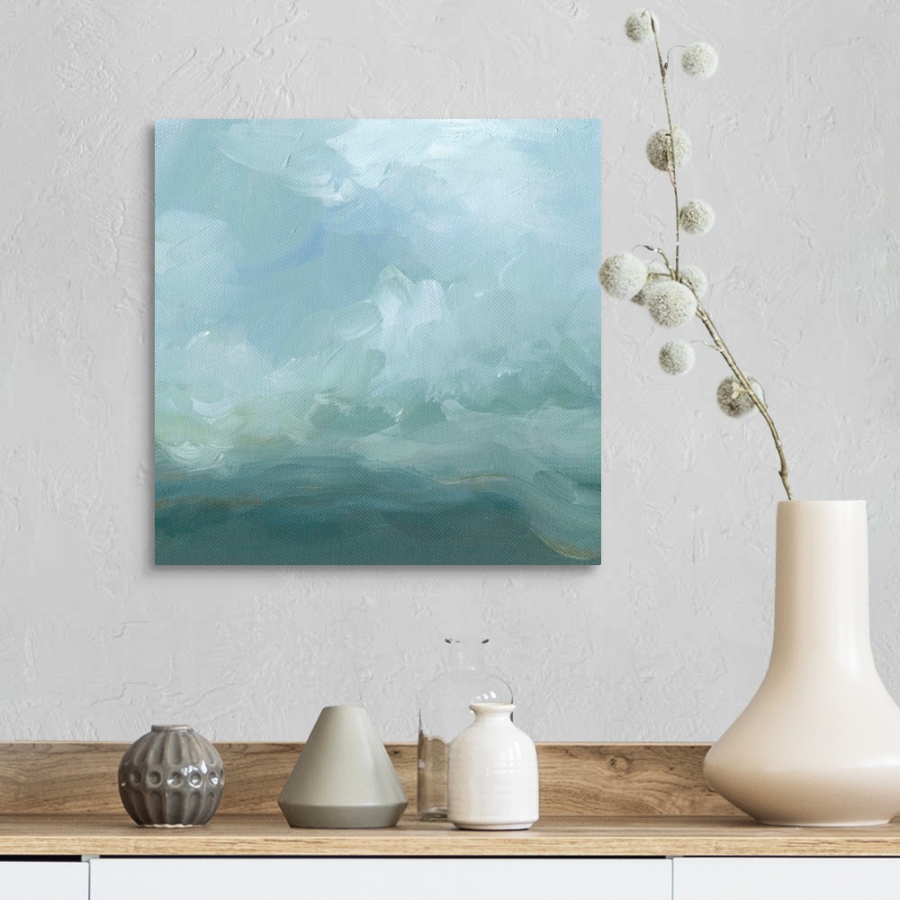 A farmhouse room featuring Contemporary abstract painting using swirling gray and pale blue tones resembling clouds.