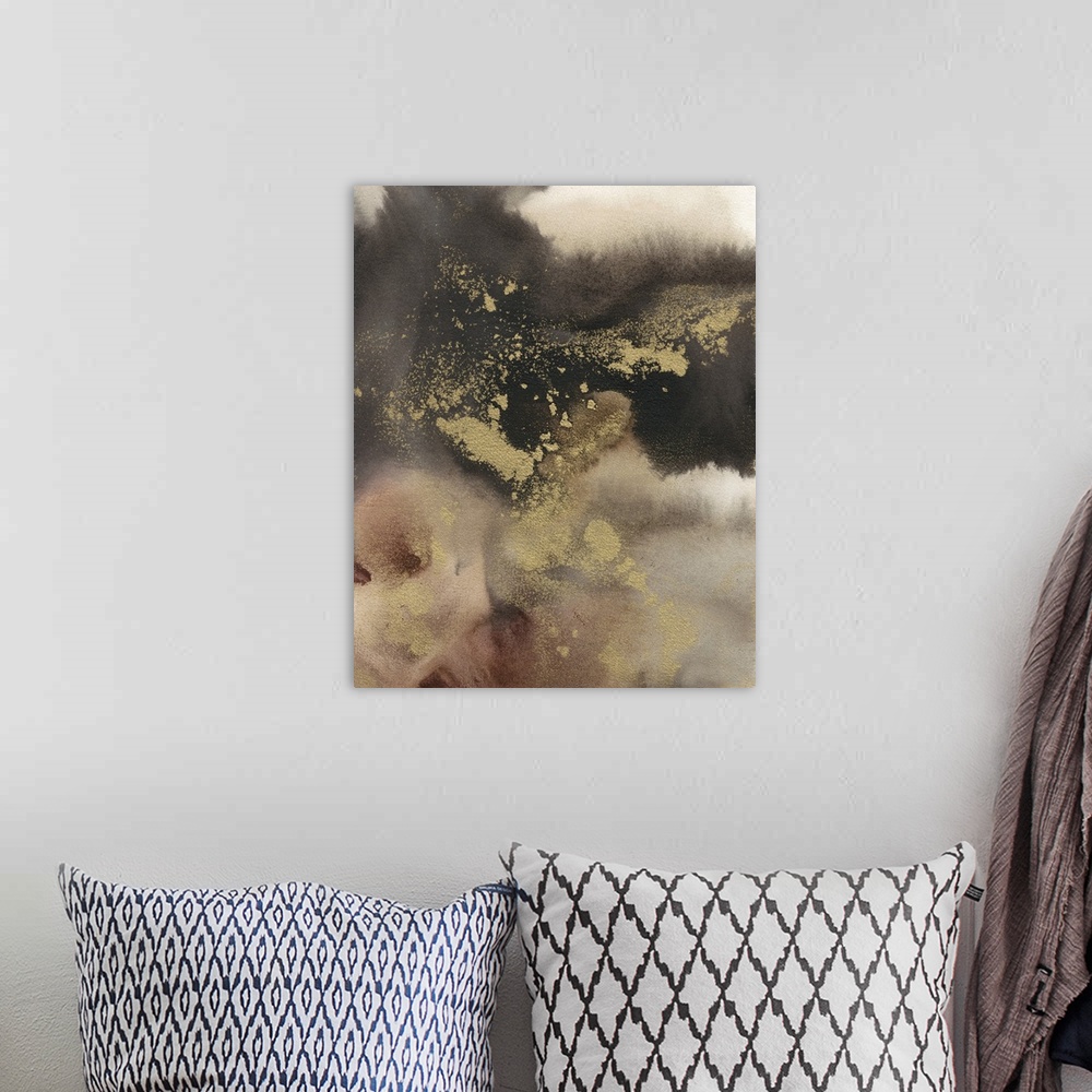 A bohemian room featuring Large abstract painting created with shades of brown and metallic gold accents.